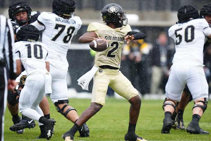 Colorado Buffaloes quarterback Shedeur Sanders (2) prepares to pass during the first half of the spring game at Folsom Field